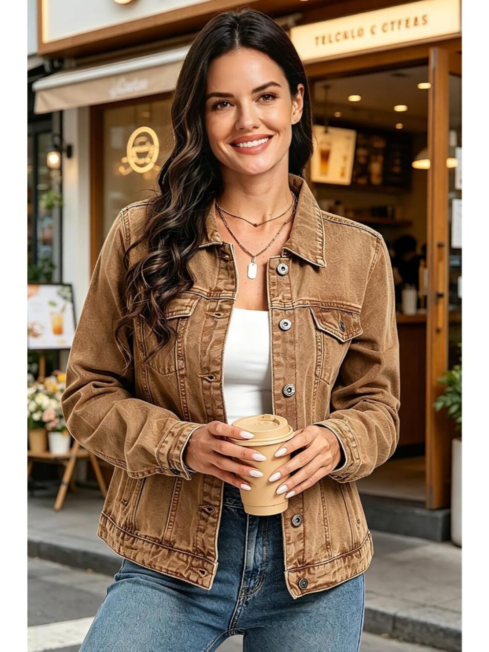 Women's Brown Jean Basic Long Sleeve Button Down Denim Jackets Daily Wear - Picture 3 of 5